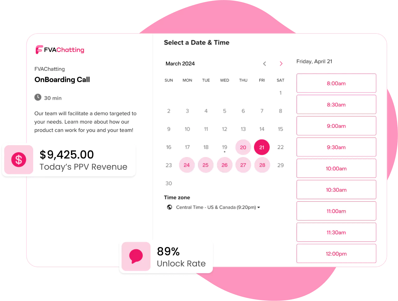 Creator onboarding platform - schedule 30-minute demo calls, track PPV revenue, and monitor unlock rates with LTV Chatting's professional team