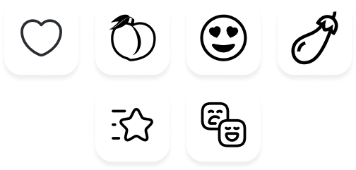 A collection of six black and white line art icons: a heart, a peach, a heart-eyes emoji, an eggplant, a star with motion lines, and two emoji faces (one sad, one happy), representing various reactions and symbols
