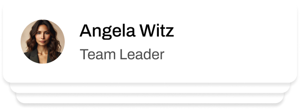 Profile card for Angela Witz, Team Leader, featuring a professional headshot of a woman with dark wavy hair wearing a dark blazer